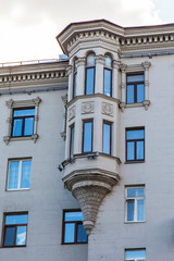 Moscow, Russia, August 27, 2019. Fragment of the facade of a typical historic modernist building on Tverskaya Street