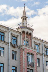 Moscow, Russia, August 27, 2019. Fragment of the facade of a typical historic modernist building on Tverskaya Street