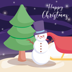 happy christmas label snowman with christmas tree on winter landscape