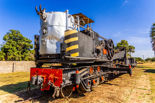 Old retro preserved locomotive train standing on the railroad in Livingstone, Zambia
