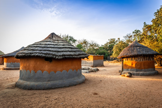 Local village with traditional zimbabwian huts from clay and hay. Matobo, Matabeleland province, Zimbabwe, Africa