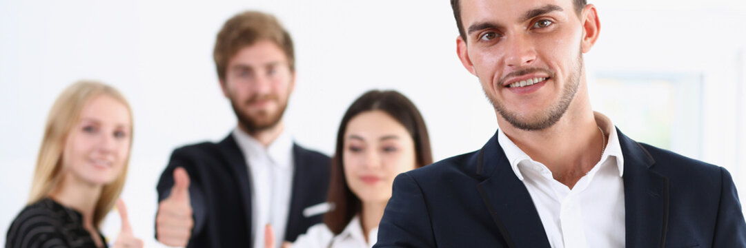 Group of people show ok or confirm with thumb up during conference closeup. High level quality product serious offer excellent education mediation solution creative advisor participation concept