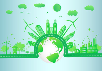 Eco friendly concept, Green city save the world.Ecology and Environmental Concept,Earth Symbol  Help The World With Eco-Friendly Ideas.Vector EPS 10.