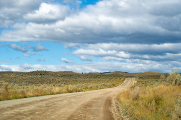 Fototapeta na wymiar Winding dirt road among the hills with desert like landscape, grasslands and bush in Kamloops, British Columbia. Lac Du Bois
