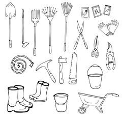 Set of black and white drawings of garden tools. Vector