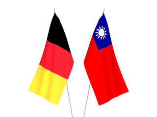 National fabric flags of Belgium and Taiwan isolated on white background. 3d rendering illustration.