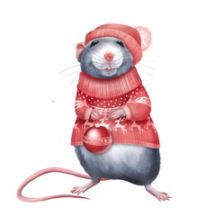 Cute rat in red sweater holding a Christmas ball