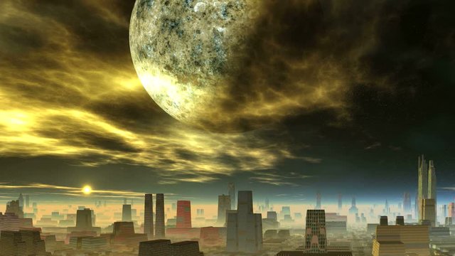 Planet in Flaming Clouds over an Alien City. In the dark starry sky, a large planet among bright glowing clouds.  The city is among the thick pink fog. On the horizon a bright sun. 