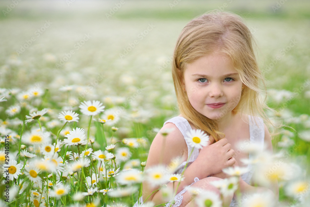 Wall mural cute little girl in big camomile meadow.