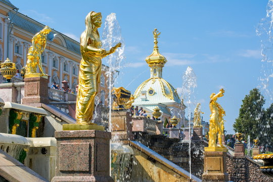 St. Petersburg, Russia - July 2019: Grand Cascade of fountains of Peterhof Palace