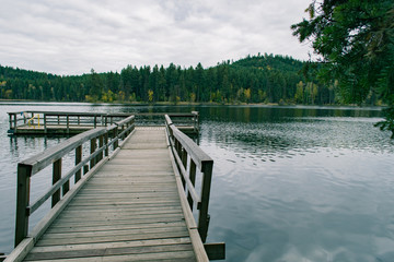 Fototapeta na wymiar Dark green lakeside landscape with wooden dock pier, fall foliage forest, windy day, lake getaway