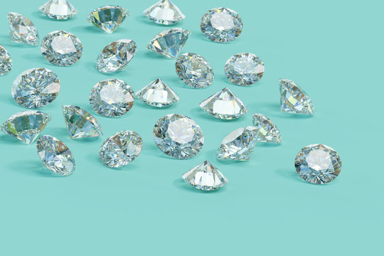 Round cut diamonds scattered on turquoise background
