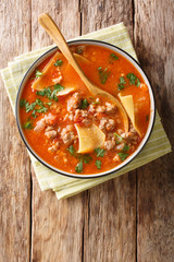 Fresh fragrant lasagna soup with minced meat closeup. Vertical top view from above