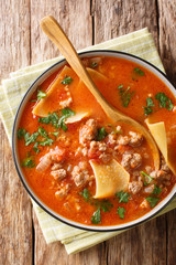 Tomato lasagna soup with minced meat closeup in a plate. Vertical top view from above