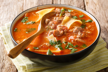 Portion of rich lasagna soup close-up in a plate. horizontal
