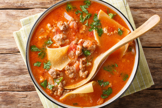 Homemade Thick Lasagna Soup With Minced Meat Closeup. Horizontal Top View From Above