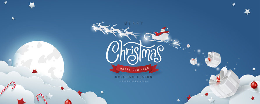 Winter christmas composition in paper cut style.Merry Christmas text Calligraphic Lettering and Santa Claus on the sky Vector illustration.