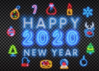 Set of Christmas and New Year icons in a flat style with neon effect. Transparent glow effect. Brick wall background.