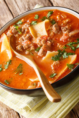 Italian lasagna soup close-up in a plate. vertical