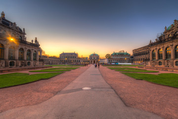 Beautiful architecture of the Zwinger palace in Dresden at sunset, Saxony. Germany