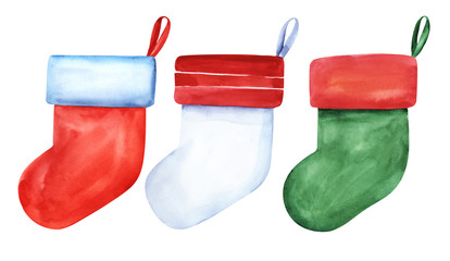 Set of decorative elements. Christmas socks on the petal ribbon. Red, white, green socks. Sock on the fireplace for sweets. Shades of red. Hand drawn illustration isolated on white background
