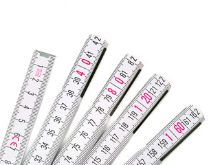 Close up of white yardstick with pink numbers isolated on white background