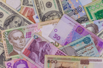 Multicurrency background of US dollars, Russian rubles, Belarusian rubles, Egyptian pounds and Ukrainian hryvnias