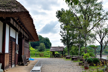 Fototapeta na wymiar A traditional thatched roof Japanese house preserved at a public park in Sanda, Hyogo, Japan. 