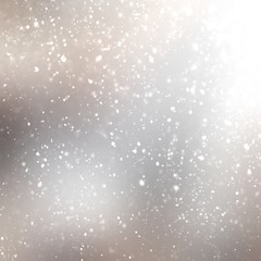Brilliance flare silver blur background decorated fluffy snow. Festive winter illustration. 