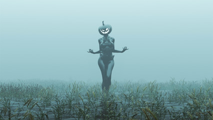 Obraz na płótnie Canvas Black Evil Witch Sexy Pumpkin Head Spirit Walking with Hands Out Abstract Demon Foggy Watery Void with Reeds and Grass background Front View 3d Illustration 3d render