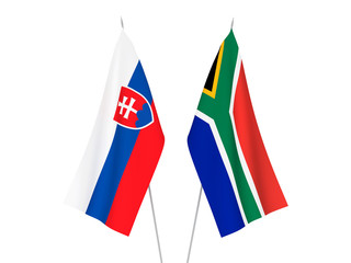 National fabric flags of Republic of South Africa and Slovakia isolated on white background. 3d rendering illustration.