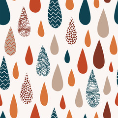 Raindrops hand drawn color vector seamless pattern. Autumn multicolor doodle dribbles on white background. Decorative zigzag, scrabble, circle spot drops flat illustration. Textile, wrapping paper