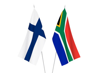 National fabric flags of Republic of South Africa and Finland isolated on white background. 3d rendering illustration.