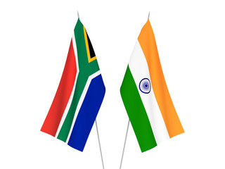 National fabric flags of India and Republic of South Africa isolated on white background. 3d rendering illustration.