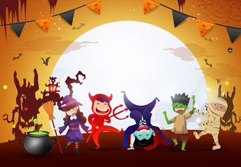 Happy Halloween Day Party. Group of Cute kids in halloween costume on night full moon with orange background.