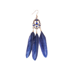 blue stones on silver ornamented earring pendant with blue three feathers, isolated on white background