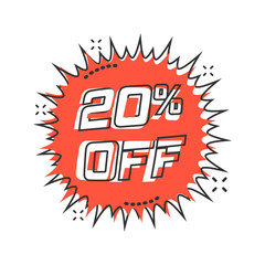 Vector cartoon discount sticker icon in comic style. Sale tag illustration pictogram. Promotion 20 percent discount splash effect concept.