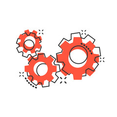 Vector cartoon gear icon in comic style. Cog wheel concept illustration pictogram. Gearwheel cogwheel business splash effect concept.