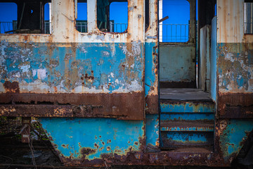 The old train wagons in an abandoned station.