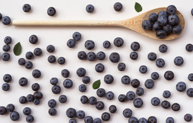 blueberries in a wooden spoon on a white background