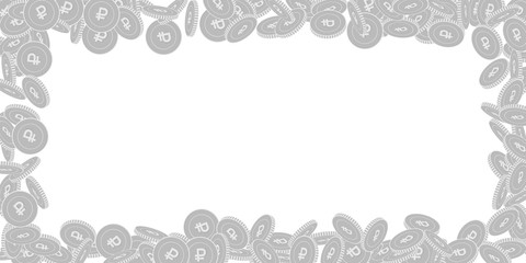 Russian ruble coins falling. Scattered black and w