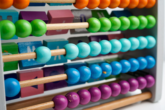 Chinese calculator Abacus with colorful beads - Close-up. Concept photo of business, child ,education , teaching ,learning, teaching, mathematics, arithmetic, accounting, calculate and calculating
