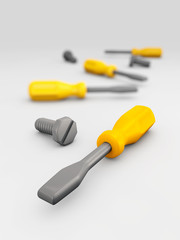 3d Illustration of screwdriver and bolts isolated on blurred background. Repair and maintenance concept