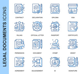 Thin Line Legal Documents Related Vector Icons Set for Website and Mobile Site and Apps. Outline icons design. Contains such Icons as Declaration, Permission, Grant and more. Linear Pictogram Pack.