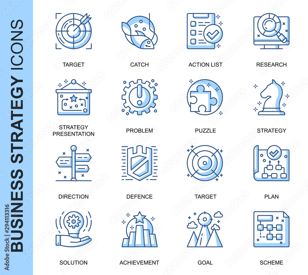 Poster Thin Line Business Strategy Related Vector Icons Set for Website and Mobile Site and Apps. Outline icons design. Contains such Icons as Action List, Research, Solution and more. Linear Pictogram Pack.