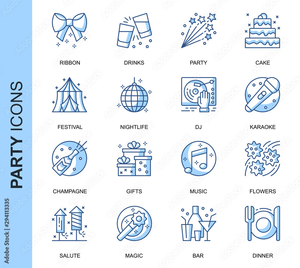 Poster Thin Line Party Related Vector Icons Set for Website and Mobile Site and Apps. Outline icons design. Contains such Icons as Festival, Karaoke, Music and more. Linear Pictogram Pack.