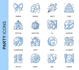 Thin Line Party Related Vector Icons Set for Website and Mobile Site and Apps. Outline icons design. Contains such Icons as Festival, Karaoke, Music and more. Linear Pictogram Pack.
