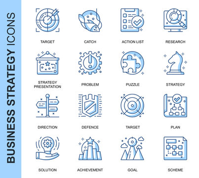 Thin Line Business Strategy Related Vector Icons Set for Website and Mobile Site and Apps. Outline icons design. Contains such Icons as Action List, Research, Solution and more. Linear Pictogram Pack.