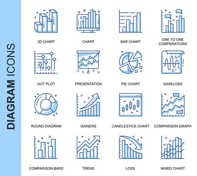 Thin Line Diagram Related Vector Icons Set for Website and Mobile Site and Apps. Outline icons design. Contains such Icons as Pie Chart, Round Diagram, Infographics and more. Linear Pictogram Pack.