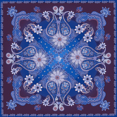Square carpet, tablecloth or shawl in ethnic style with ornate paisley ornament, mandalas and gentle flowers on blue and purple background. Indian, russian, turkish, damask motifs